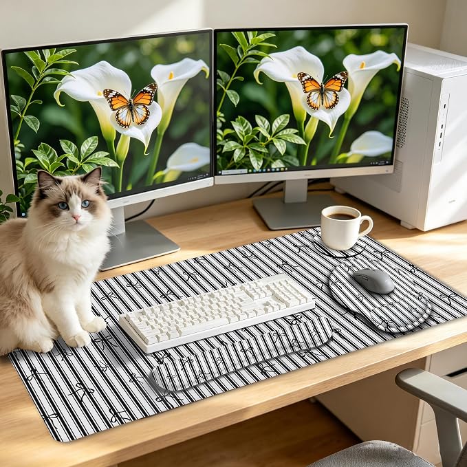LIMKRIAN Black Striped Ergonomic Large Desk Mat Set with Wrist Rest | Non-Slip PU Base, Stitched Edges, Gel Wrist & Keyboard Rest Ease Pain, Ideal For Office/Gaming, Cute Home Office Decor