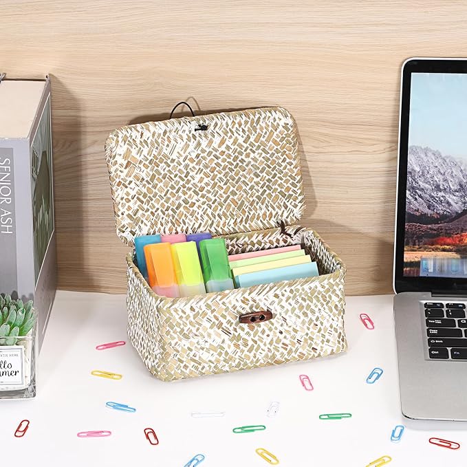 Handwoven Seagrass Basket Wicker Shelf Basket with Lid Rectangular Multipurpose Desktop Organizer Bin for Key Remote Control,Whitewash,7.0"x 4.3" x 3.3"