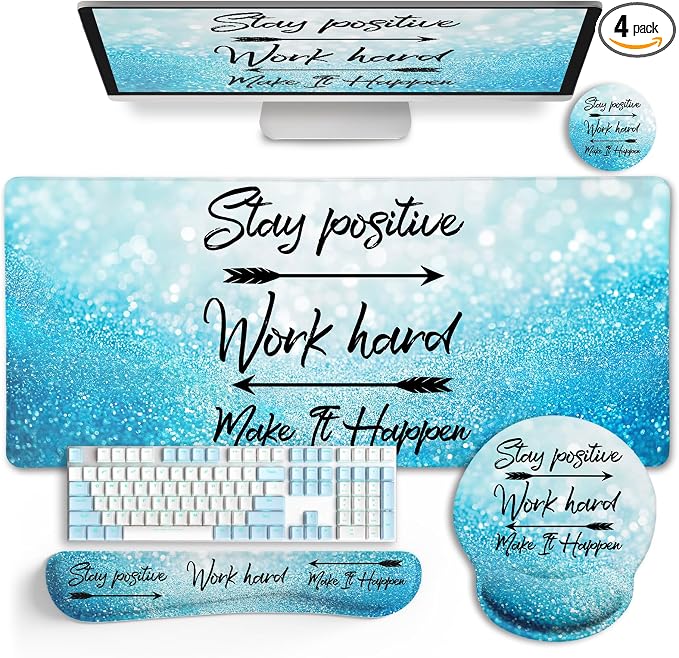 LIMKRIAN Desk Mat Pad Set, Large Mouse Pad with Wrist Rest, Stay Positive | Ergonomic Mouse Pad, Gaming Computer Keyboard Mat Wrist Support, Coaster, Home Office Desk Accessories Decor Supplies