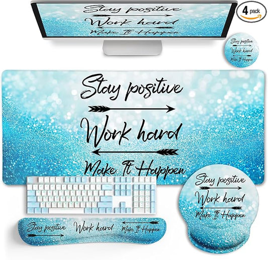 LIMKRIAN Desk Mat Pad Set, Large Mouse Pad with Wrist Rest, Stay Positive | Ergonomic Mouse Pad, Gaming Computer Keyboard Mat Wrist Support, Coaster, Home Office Desk Accessories Decor Supplies
