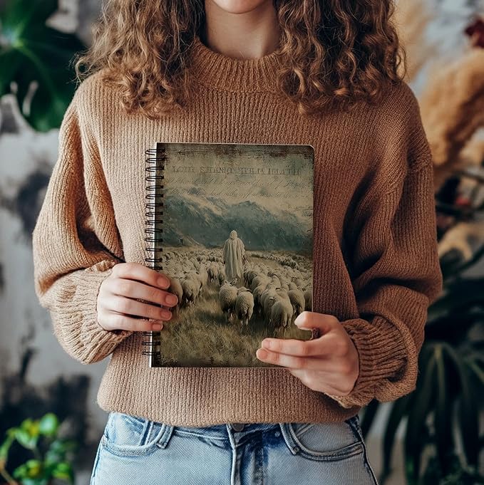 bitCNY Spiral Notebook 8.3 x 5.5 Inches, Good Shepherd Christian Art Cover, Biblical Shepherd and Sheep Journal, Lined Notebook for Bible Study Prayer and Notes