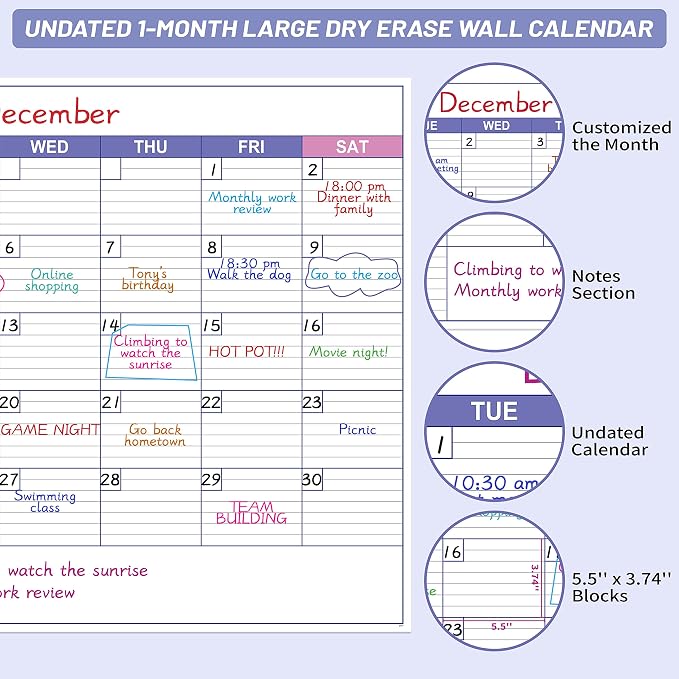 Large Dry Erase Calendar for Wall - Undated 1 Month Wall Calendar, 40" x 30", Erasable & Reusable Laminated Calendar with 8 Round Stickers, Great Layout Wall Calendar Dry Erase for Home, Office and School