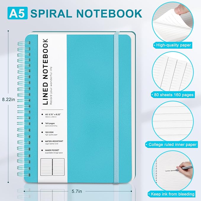 Lined Spiral Journal Notebook with 160 Pages, 8×5.7in, A5 Spiral Notebook, Journaling Notebooks for Work, School, Women, Men, College Ruled Spiral Notebook, Hardcover Leather Journals, Light Blue