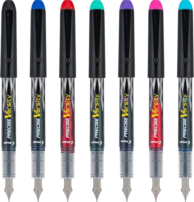 Pilot Precise Varsity Pre-Filled Fountain Pens for Writing, Medium Point Stainless Steel Nib, Black/Blue/Red/Pink/Green/Purple/Turquoise Ink, 1.0mm, 7-Pack
