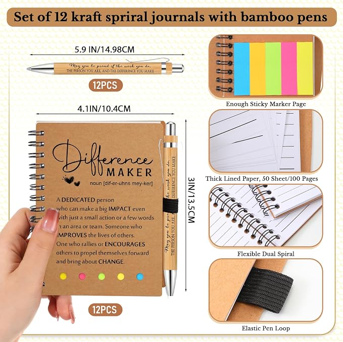 Jetec 12 Sets Inspirational Notebook Bulk Back to School Gifts Motivational Notebook with Pen and Sticky Notepad Employee Appreciation Gift for Teacher Student Coworker School Office (Difference Maker)