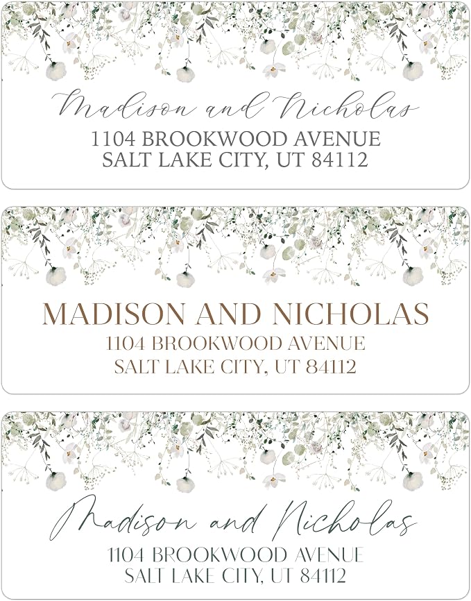 Return Address Labels Personalized with Your Choice of 30 Flower Styles - Choose Font and Font Color or Add Custom Text - Perfect for Wedding Envelopes (008 White Wildflowers)