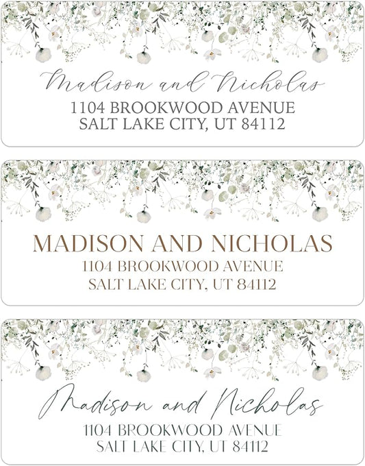 Return Address Labels Personalized with Your Choice of 30 Flower Styles - Choose Font and Font Color or Add Custom Text - Perfect for Wedding Envelopes (008 White Wildflowers)