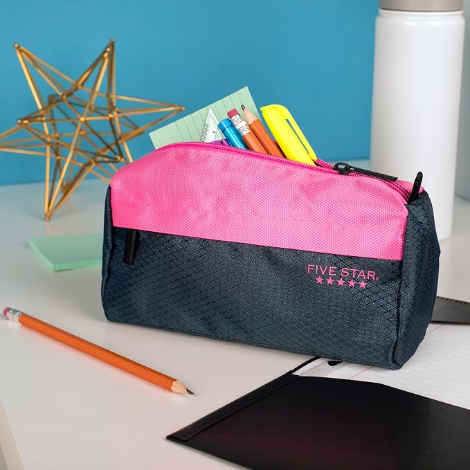 Five Star Pencil Pouch, Pen Case, 9-Pocket Zipper Pouch, Storage Organizer for School Supplies Earbuds Chargers Cables Makeup, Navy/Pink (505600B-ECM) (Pack of 12)