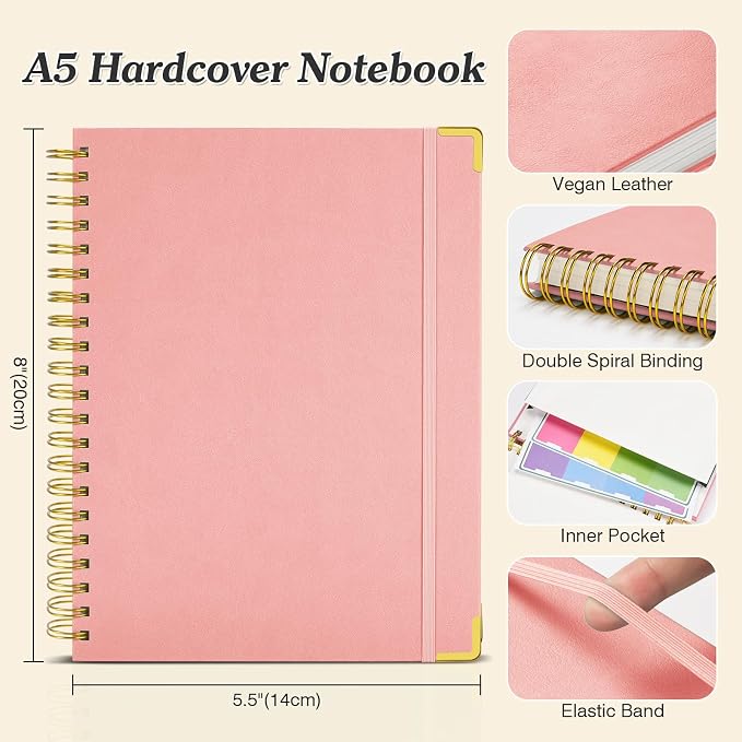 Spiral Notebook, 300 Numbered Pages Notebooks College Ruled with Contens | 100GSM Thick Journal for Women Men, Hardcover Leather Lined Journal for Writing, Large A5 Notebooks for Work School, 6" x 8"