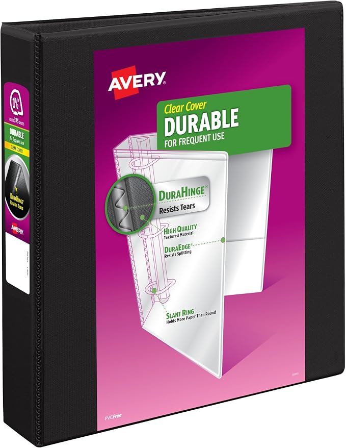 Avery Durable View 3 Ring Binders, 1.5 Inch Slant Rings, 375-Sheet Capacity, DuraHinge, 2.1 Inch Wide Spine, Customizable Clear Covers and Spine, 1 Black Binder (17021)