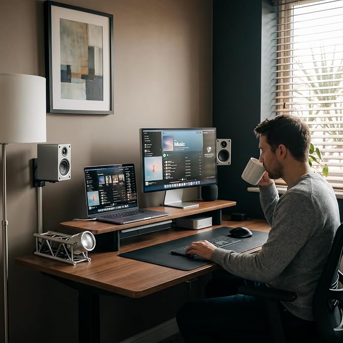 Fenge 42.5" Monitor Stand with Storage Drawers, Minimalist Monitor Riser with Solid Ash Legs and Cable Management, Wooden Desk Shelf for Home Office Workspaces, Brown