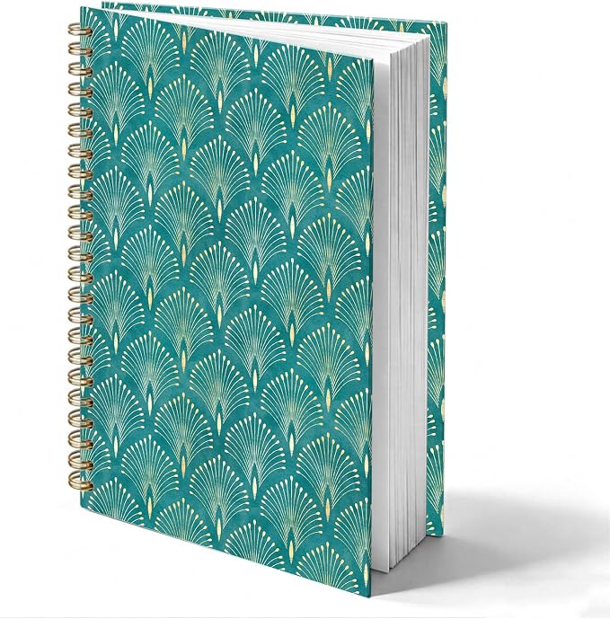 HOXUNQINA Art Deco Teal Green and Gold Journal Notebook 5.5x8.3 | Boho Abstract Peacock Feather Journal for Women, Luxury Modern Green and Gold Fan Notebooks for Work