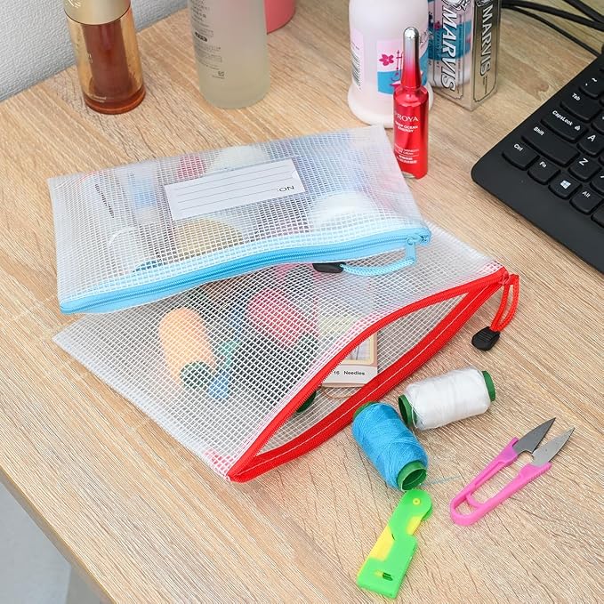 Plastic Mesh Zipper Pouch, 12Pcs Zipper File Bags with Label Pocket, A5 Size 9.2x6.7in, White