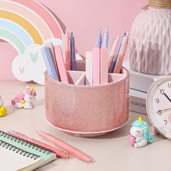 Epakh PU Leather Glitter Pen Holder 360 Degree Spinning Rose Gold Bling Pencil Cup Women Girls Makeup Brush Organizer Cup Gift for Teacher Desk Office Classroom Home Back to School Festival (6 Inch)