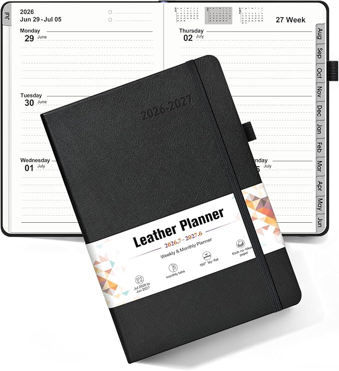 Planner 2026-2027, Academic Weekly and Monthly Calendar Planner from July 2026 - June 2027, Hardcover Leather Daily Agenda Book with Tabs, College School Organizer for Student Teacher, A5 (5.75" x 8.38"), Black