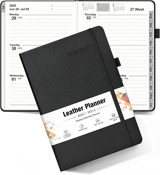 Planner 2026-2027, Academic Weekly and Monthly Calendar Planner from July 2026 - June 2027, Hardcover Leather Daily Agenda Book with Tabs, College School Organizer for Student Teacher, A5 (5.75" x 8.38"), Black