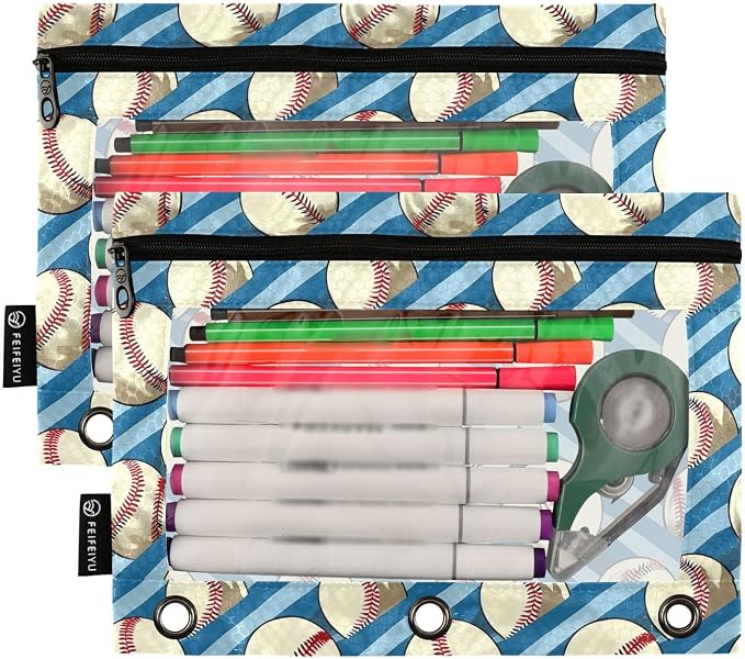 Binder Pencil Pouches, Retro Sport Pencil Case with Clear Window 3 Rings Cosmetic Bags Office Supplies 2 Pack