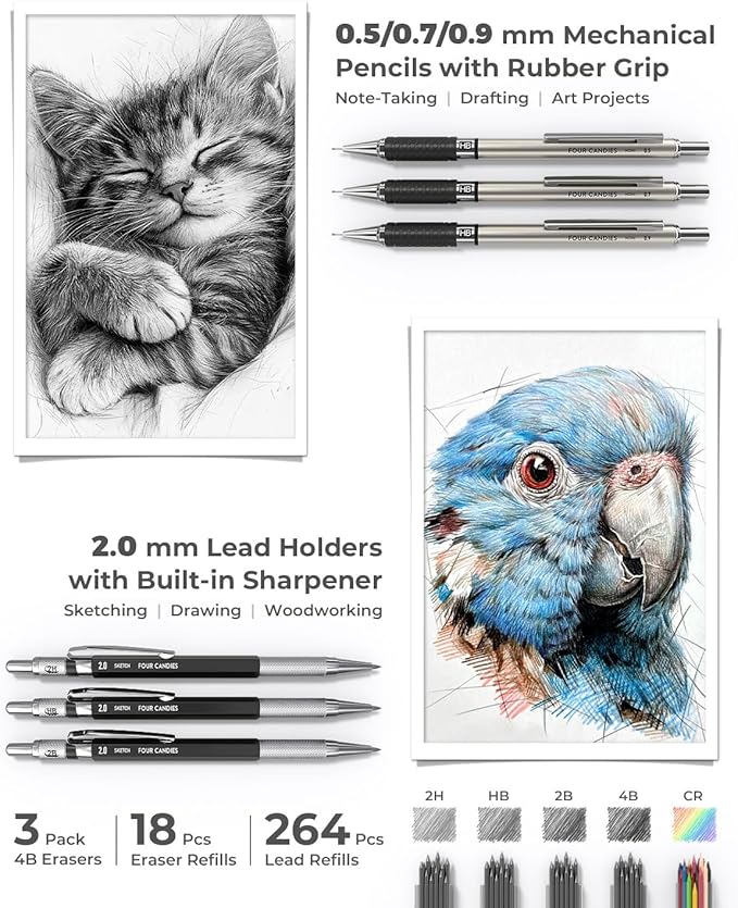 Four Candies School Supplies with Pen Case, 45ct Black | Back to School Stationery Set, Essentials for College & Nursing Students, 6 Gel Pens, 6 Mechanical Pencils, 12 Highlighters