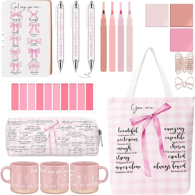 Reallnaive 25 Pcs Bible Journaling Supplies for Women, Bible Study Kit with Notebook Mug Tote Bag Pouch Pens Highlighter Sticky Notes Pink Christian Gift for Teen Girl, Teacher, Back to School