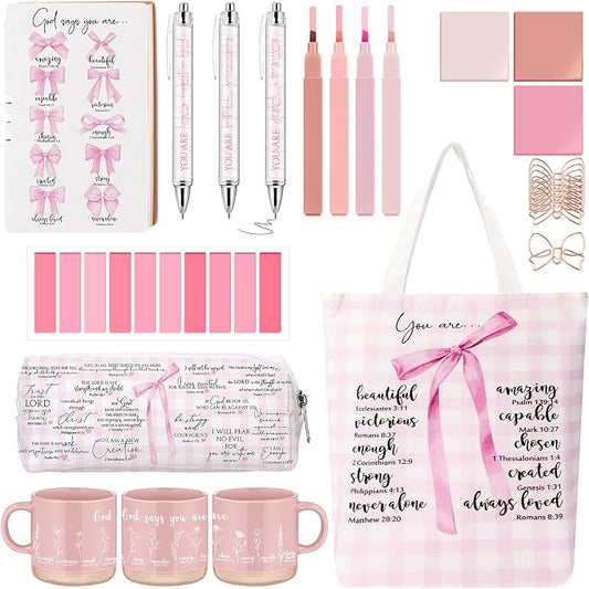 Reallnaive 25 Pcs Bible Journaling Supplies for Women, Bible Study Kit with Notebook Mug Tote Bag Pouch Pens Highlighter Sticky Notes Pink Christian Gift for Teen Girl, Teacher, Back to School