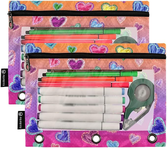 Gredecor Binder Pencil Pouch 3 Ring Hearts on Bright Gradient Zipper Pencil Pouches Case 2 Pack Clear Binder Organizer for School Office