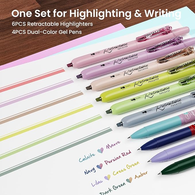 WRITECH Gel Pens Journaling Highlighters: Journal Set Aesthetic Assorted Vintage Color Ink 0.5mm Fine Point Retractable 2 in 1 Pen Smooth Writing Drawing 10ct