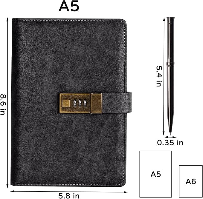 WEMATE Diary with Lock, A5 PU Leather Journal with Lock 240 Pages Black | Vintage Lock Journal Password Notebook with Pen & Gift Box, Lock Diary Planner Organizer for Men and Women, 8.6x5.8in