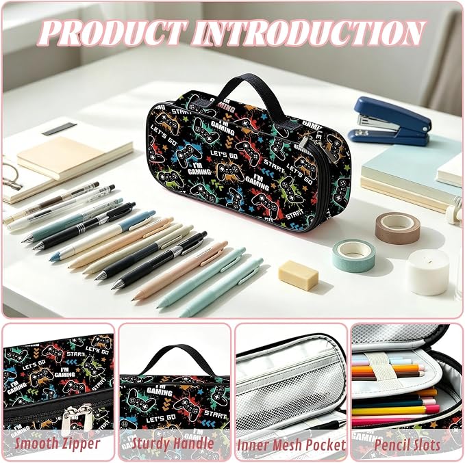 Game Pencil Case for Boys, Large Capacity Game Controller Kids Pencil Box with Zipper Compartments, Gamer Portable Pen Pouch Bag for Office School Travel