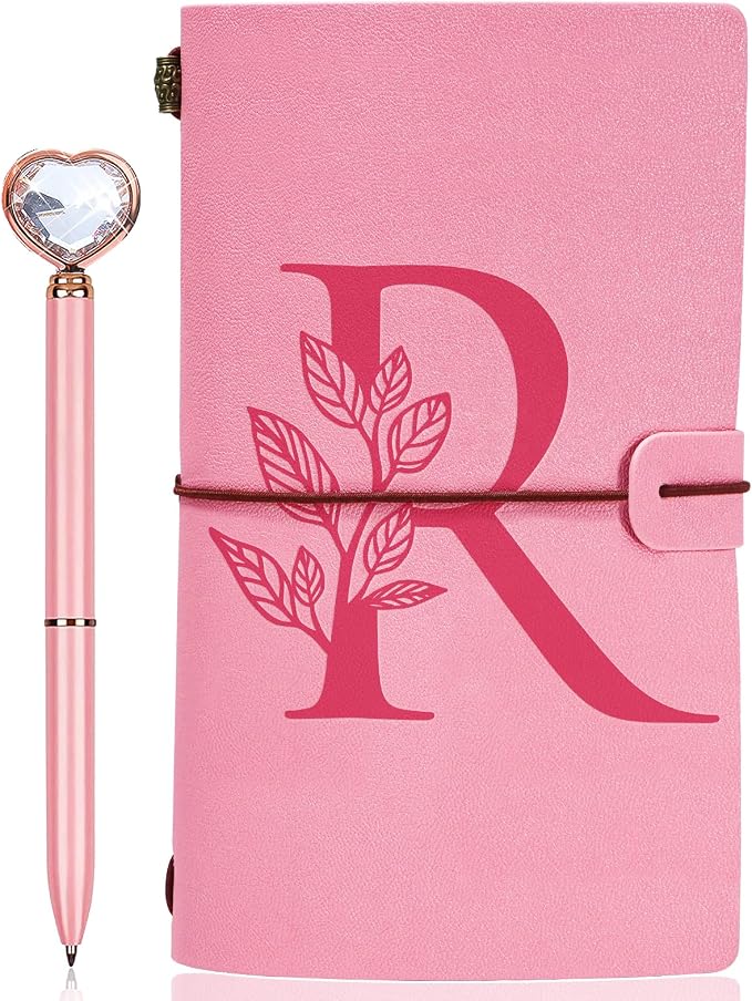 Personalized Journal Gift-Pink Initial Leather Journal+Heart Diamond Pen Set,Travel Notebook Diary Gifts,Refillable Notepads,Christmas,Birthday Gifts for Women Girls (7.9"x4.7") (R)