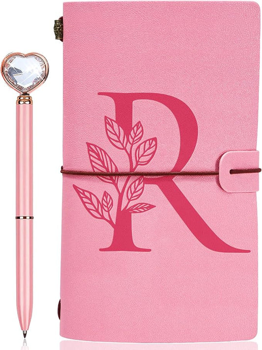 Personalized Journal Gift-Pink Initial Leather Journal+Heart Diamond Pen Set,Travel Notebook Diary Gifts,Refillable Notepads,Christmas,Birthday Gifts for Women Girls (7.9"x4.7") (R)