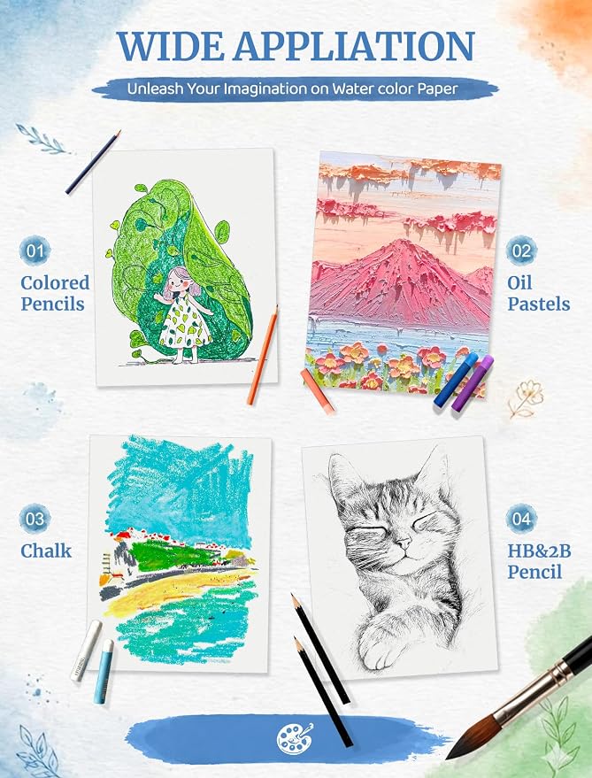 30 Sheets Watercolor Paper 8.5 x 11, Cold Press Watercolor Paper Bulk, 110 LB/230 GSM Water Color Paper Pad 8.5 x 11, Watercolor Supplies for Kids Adults, Paint Paper for Sketching, Acrylic, Gouache