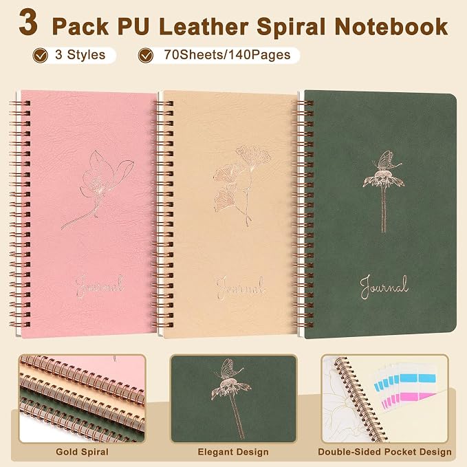 Stationery Set for Women, Journaling Kit, 3PCS A5 Spiral Notebooks, Gel Pens, Steel Bookmark, Sticky Notes & Tabs, Gift Box - Aesthetic Gift Set for Work Students School Office Supplies