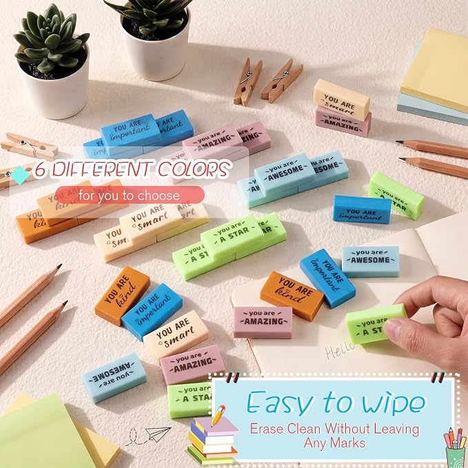 Resurhang 180 Pcs Erasers Bulk for Kids Inspirational Pencil Erasers Bulk for Drawing Motivational Big Eraser School Supplies for Classrooms Back to School Office (Motivational,Boho)