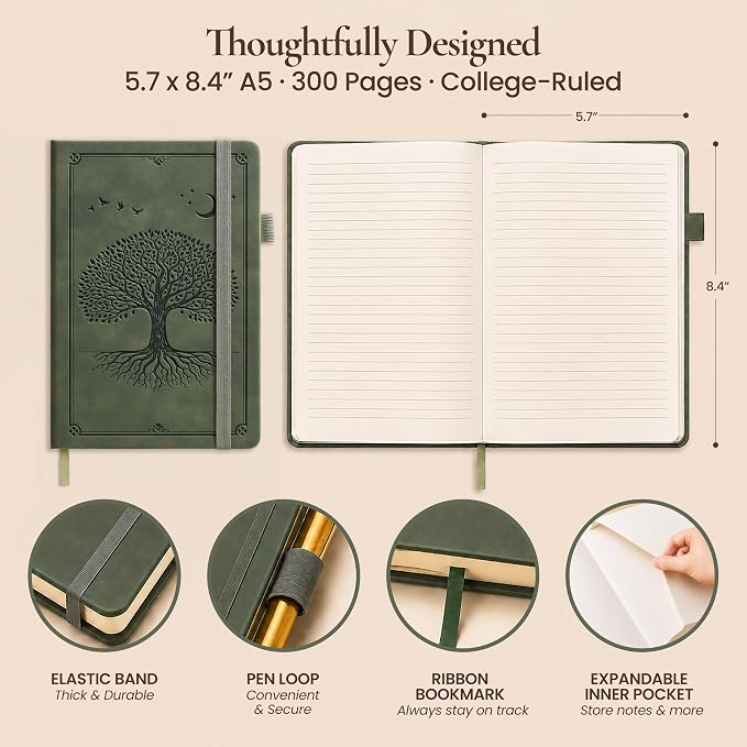 Lined Journal Notebook Hardcover Leather Bound 300 Pages A5 Green Diary | College Ruled 5.7x8.4" Journaling Notebooks for Men & Women, Writing for Personal, Thick Travel Daily Note Book Tree of Life