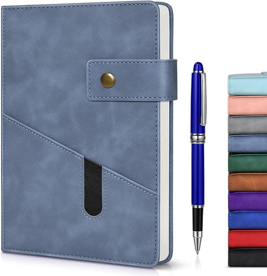 Lined Journal Notebook with Pen, A5 Personalized Hardcover Leather Journal for Men Women, 200 Pages 100 GSM Thick Paper College Ruled Notebooks for Work Travel School Writing Diary 5.9" X 8.4" Blue