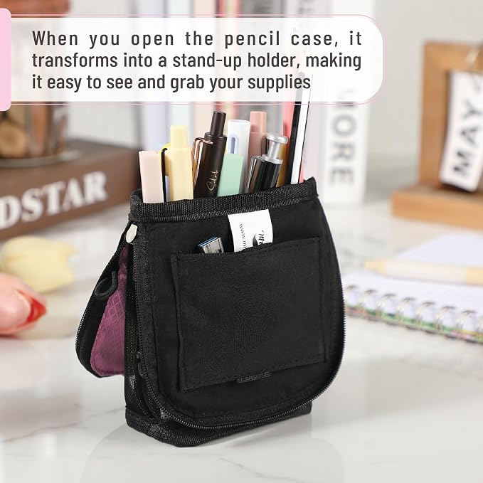 Mr. Pen- Standing Pencil Case Pouch, Sit & Lay Mesh-View Design | Black & Pink, Interior Pocket & 2 Elastic Binder Loops, Cute Pencil Case for Girls and Boys