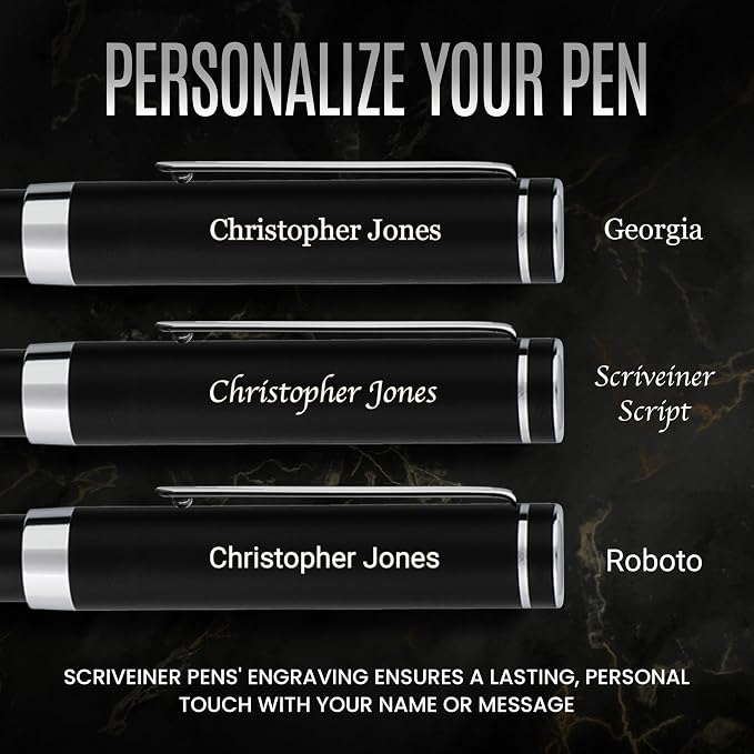 Scriveiner Personalized Luxury EDC Fountain Pen (Medium), Stunning Matt Black Pocket Pen, Chrome Finish, Schmidt German Nib, Best Engraved Fountain Pen Gift Set for Men & Women, Name Engraving