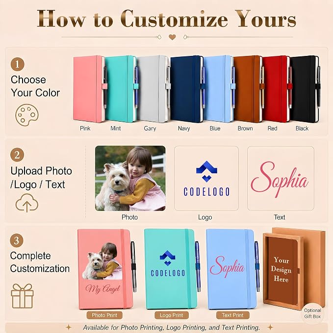 Personalized Notebook and Pen Set | A5, 200 Pages, Lined, Custom Photo, Color Printing, Leather Journal Diary Business Gifts