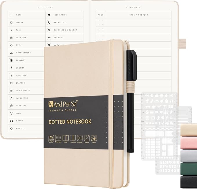 &And Per Se Dotted Notebook, A5 Hardcover with Journal Dotted Pages, Journal Stencils & Pen, 176 Numbered Pages for Beginners Women Men (Light Apricot)