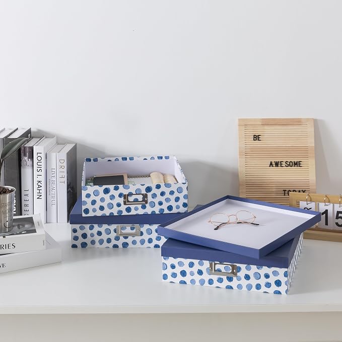 Soul & Lane - Decorative Storage Boxes with Lids, Set of 3, Blue Spots | Large Photo Keepsake Box Set for Organizing Documents and Memories, Cute Flat Nesting Cardboard Organizers for Scrapbooking