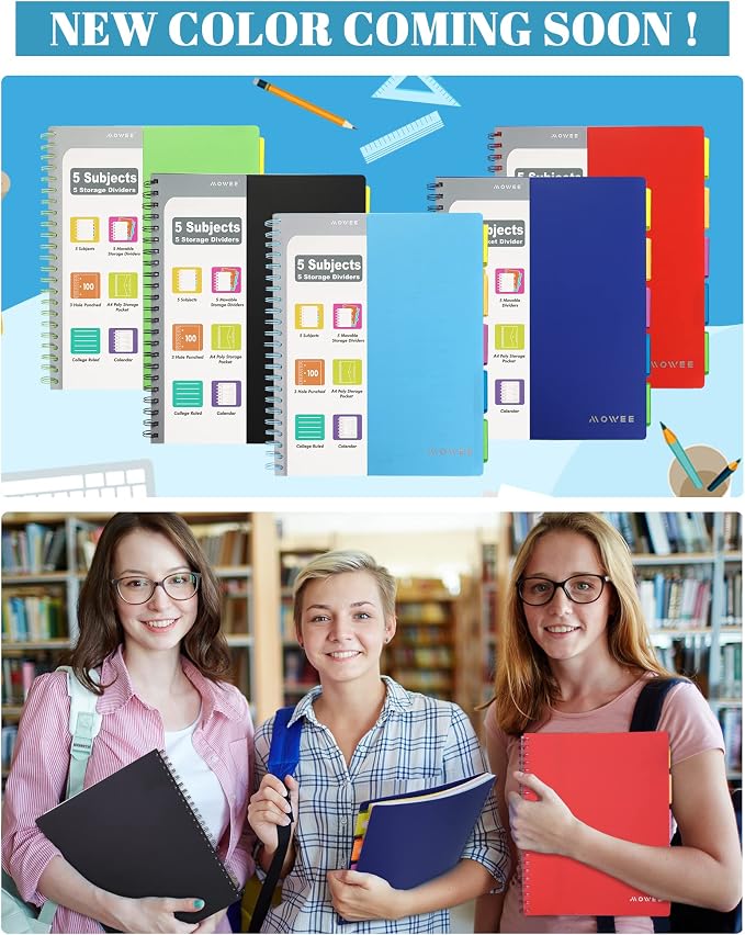 5-Subject Spiral Notebook, College Ruled, with Pocket & Tab Dividers | 200 Pages, 11" Ruler, 8.5"x11" Babyblue, Pocket Dividers with Tab Labels, for Writing Journal, Home, Office & School Supplies