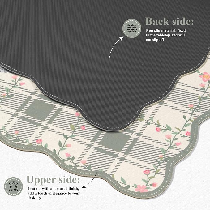 iCasso Leather Scalloped Checkered Desk Mat, XXL Flower Mouse Pad, Back to School Desk Matt for Desktop, Anti-Slip Big Cute Mousepad with Stitched Edges for Home Office Decor (Light Green)
