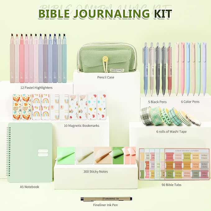 Bible Journaling Kit, Bible Study Supplies for Women | 12 Pastel No Bleed Highlighters, 6 Color Pens, 5 Black Pens, Bible Tabs, Sticky Notes, Pencil Case, Notebook, Christian Gifts