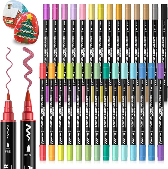 Shuttle Art 28 Metallic Colors Dual Tip Acrylic Paint Markers, Brush Tip and Fine Tip Acrylic Paint Pens for Rock, Ceramic, Wood, Canvas, Plastic, Glass, Stone, Calligraphy, Card, DIY Football Crafts