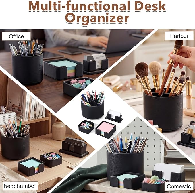 4 Pcs Rotating Leather Pen Holder for Desk Organizer Office Supplies Business Card Sticky Note Holder Paperclip Storage Desk Accessories Set for Teacher Back to School Gift(Black)