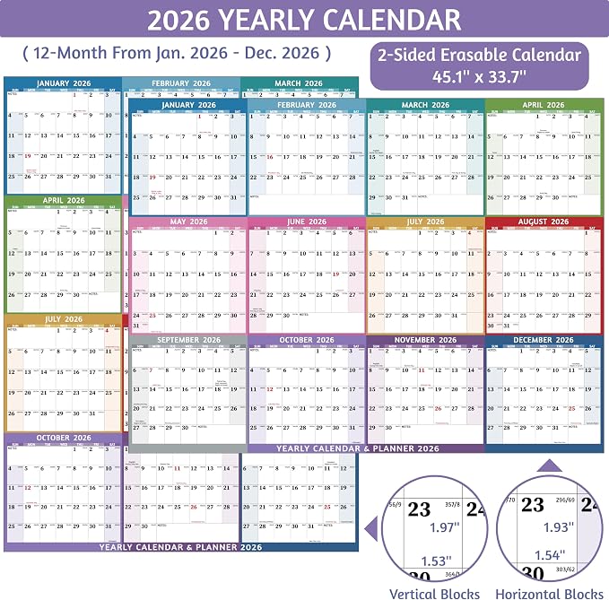 2026 Dry Erase Calendar – Large Yearly Wall calendar 2026, 45.1'' x 33.7'', 2-Side Reversible Calendar 2026, Vertical/Horizontal, Jan 2026 – Dec 2026, 2026 Wall Calendar with Notes, Stickers