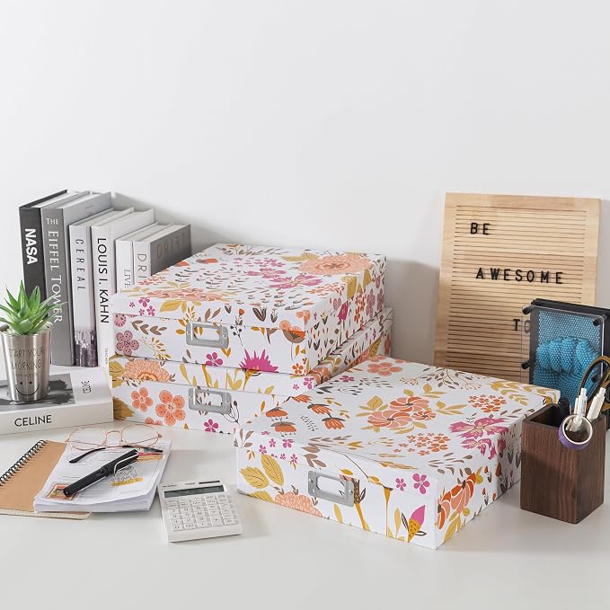 Soul & Lane - Keepsake Storage Boxes with Lids, Set of 3, Floral Collage | Decorative Cardboard Document Box Set for Photos, Scrapbooks and Memories, Large Pretty Letter Organizers for Organizing