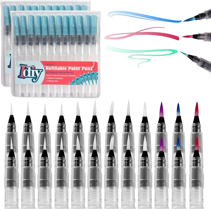 Refillable Watercolor Brush Pens Set of 24 – Water Brush Pens with 3 Tip Sizes (3mm, 4mm, 5mm) – Nylon Point Tips for Painting, Lettering, Calligraphy & DIY Crafts – Easy Flow Control & Easy to Clean