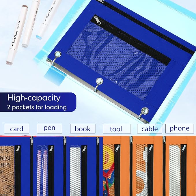 Leelosp 48 Pack Pencil Pouch for 3 Ring Binder Mesh Zipper Pencil Case Bags Binder Pouches Bulk for School Writing Utensils Storage Supplies (Blue,Orange)