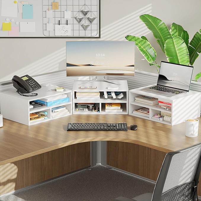 ALISENED Printer Stand for Desk, 2-Tier Wooden Desk Organizer with Adjustable Compartments, Heavy Duty Desktop Stand for Printer Scanner Monitor, Space Saving Office Organization and Storage, White